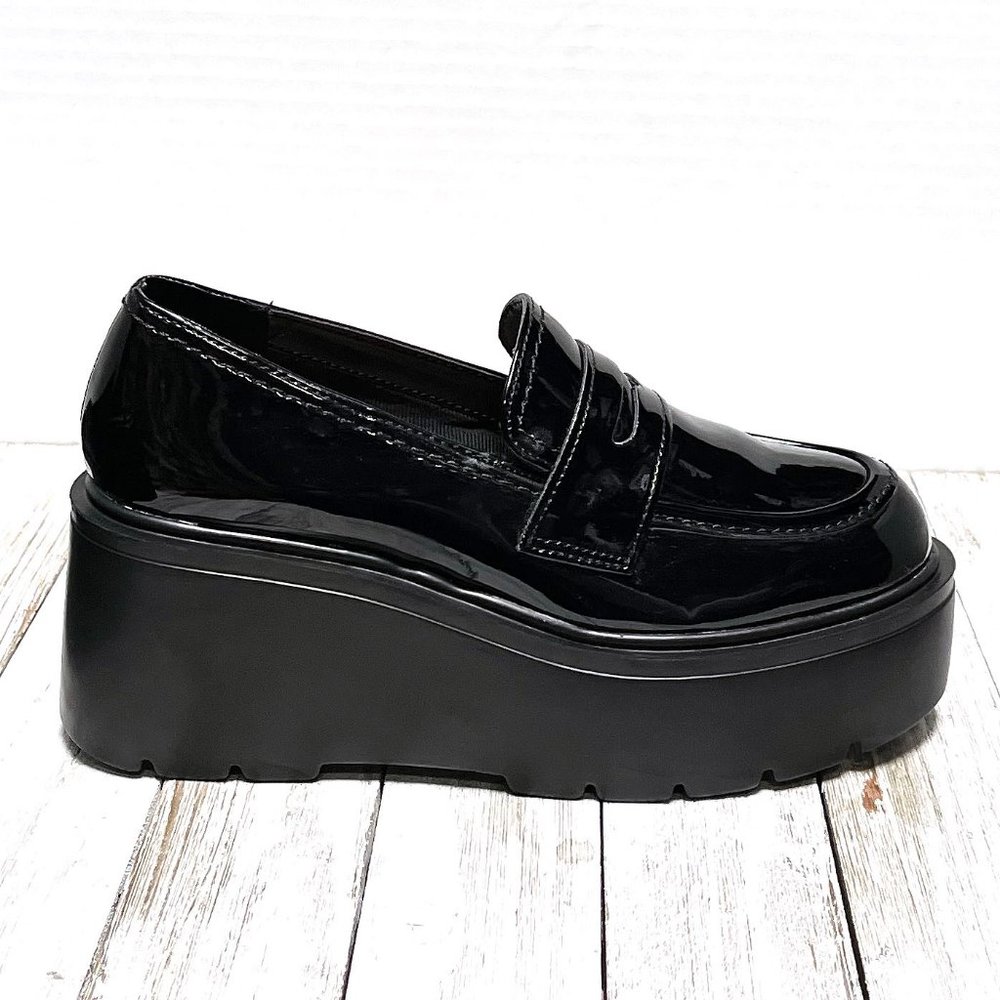 New Black Patent Platform Wedge Penny Loafers - Picture 4 of 4
